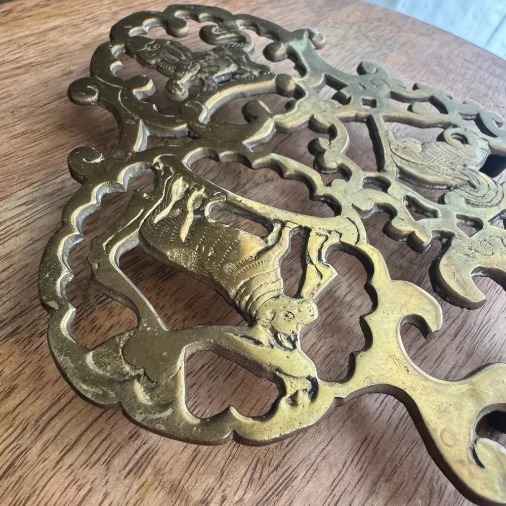 Vintage Brass Animal Trivet 9x6 Gold Lion Cow Squirrel Scrollwork Hanging